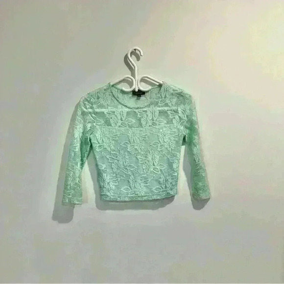Topshop |  womens xsmall mint green lace 3/4 sleeves crop top sheer in the back - Picture 1 of 5
